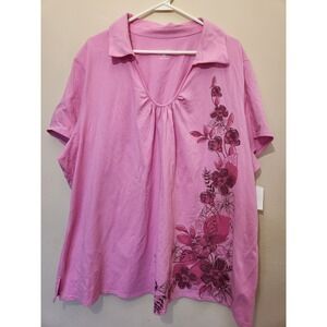 Fashion Bug Womens 3X Pink Floral Graphic V-Neck Short Sleeve Polo Shirt NWT